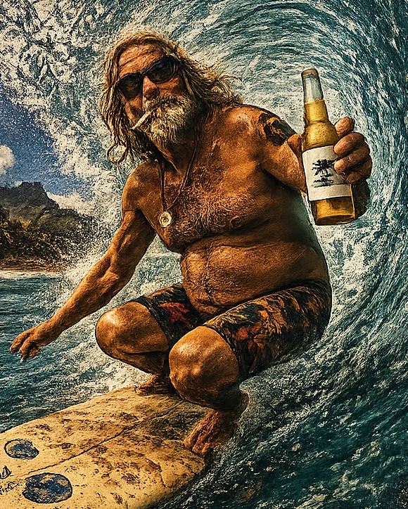 Close-up of the Dawns legend riding a barrel, beer in hand